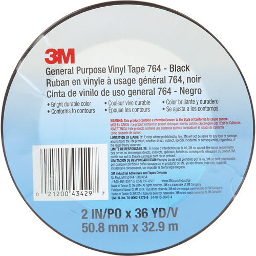 Ruban en vinyle pour travaux g&eacute;n&eacute;raux 764, 50,8 mm (2") la x 32,9 m (108') lo, 5 mils, Noir Cam Industrial