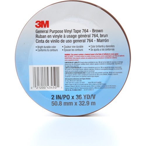 764 General-Purpose Vinyl Tape, 50.8 mm (2") W x 32.9 m (108') L, 5 mils, Brown Cam Industrial