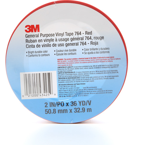Ruban en vinyle pour travaux g&eacute;n&eacute;raux 764, 50,8 mm (2") la x 32,9 m (108') lo, 5 mils, Rouge Cam Industrial
