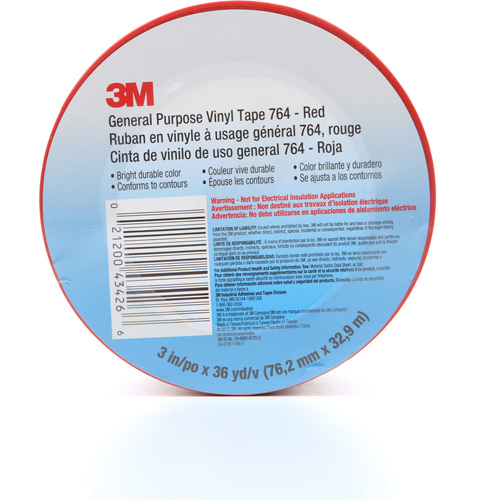 764 General-Purpose Vinyl Tape, 76 mm (3") W x 32.9 m (108') L, 5 mils, Red Cam Industrial
