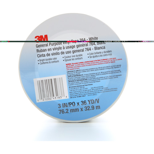 Ruban en vinyle pour travaux g&eacute;n&eacute;raux 764, 76 mm (3") la x 32,9 m (108') lo, 5 mils, Blanc Cam Industrial