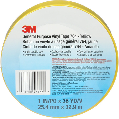 Ruban en vinyle pour travaux g&eacute;n&eacute;raux 764, 25,4 mm (1") la x 32,9 m (108') lo, 5 mils, Jaune Cam Industrial