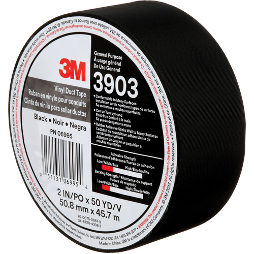 Rubans adh&eacute;sifs en vinyle 3903, 48 mm (2") la x 45 m (148') lo, 6,5 mils, Noir Cam Industrial