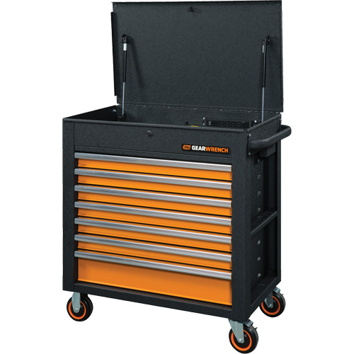 GSX Series Rolling Tool Cart with Tilt Top, 7 Drawers, 35" L x 20" W x 39" H, Black/Orange Cam Industrial