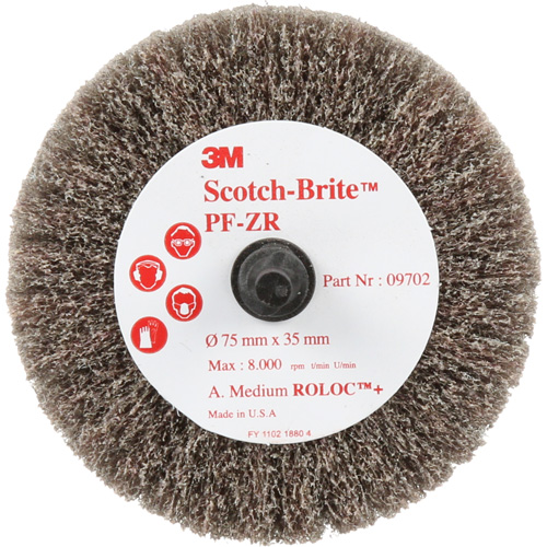 Disque de tronçonnage et de polissage Scotch-Brite Roloc, Oxyde d'aluminium, Grain Moyen, 3" x 1-3/8" x 1/4" Cam Industrial