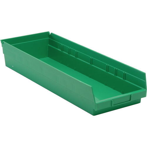 Shelf Bins, 8-3/8" W x 4" H x 23-5/8" D, Green, 50 lbs. Capacity Cam Industrial