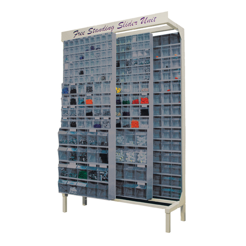 Syst&egrave;me de stockage &agrave; glissi&egrave;re &agrave; bacs basculants autonome, 48" la x 18" p x 77" h, 112 tiroirs Cam Industrial