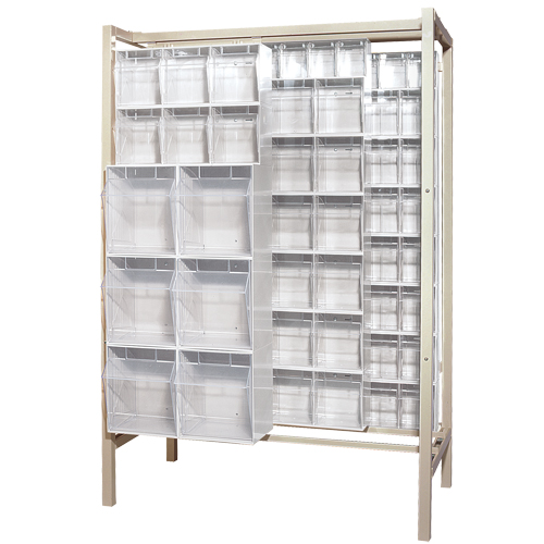 Syst&egrave;me de stockage &agrave; glissi&egrave;re &agrave; bacs basculants autonome, 51-1/4" la x 26" p x 77" h, 101 tiroirs Cam Industrial