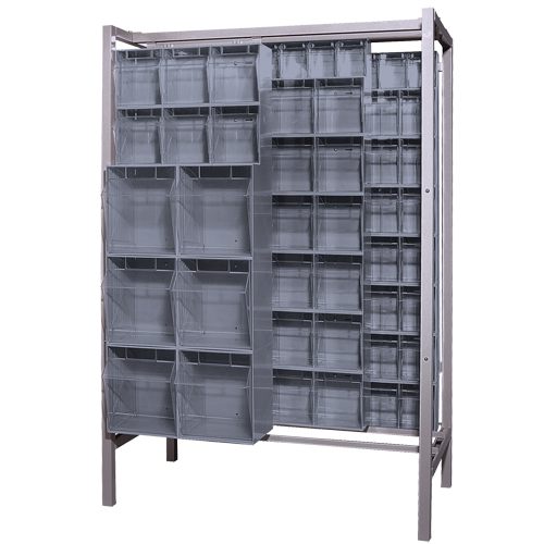 Syst&egrave;me de stockage &agrave; glissi&egrave;re &agrave; bacs basculants autonome, 51-1/4" la x 26" p x 77" h, 101 tiroirs Cam Industrial