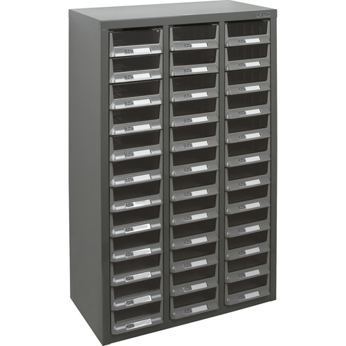 KPC-100 Parts Cabinet, Galvanized Steel, 36 Drawers, 23" x 11-2/5" x 36-9/10", Grey Cam Industrial