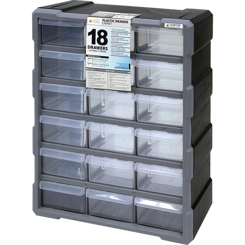 Drawer Cabinet, Plastic, 18 Drawers, 15" x 6-1/4" x 18-3/4", Black Cam Industrial