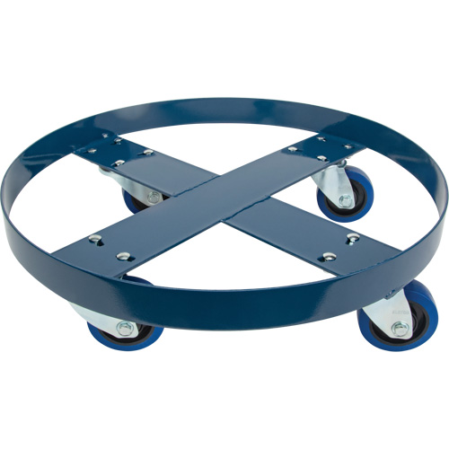 Drum Dolly, Steel, 1400 lbs. Capacity, 24" Diameter, Blue Elastic Casters Cam Industrial