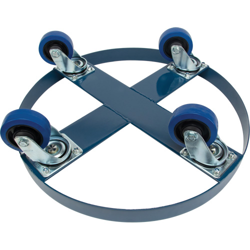 Drum Dolly, Steel, 1400 lbs. Capacity, 24" Diameter, Blue Elastic Casters Cam Industrial