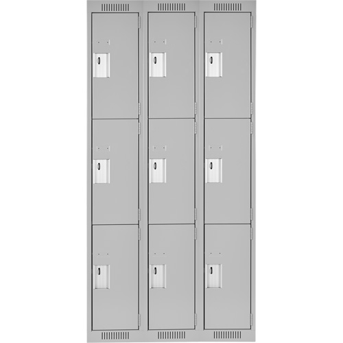 Clean Line Lockers, 3 -tier, Bank of 3, 36" x 18" x 72", Steel, Grey, Rivet (Assembled) Cam Industrial