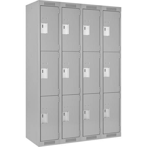 Clean Line Lockers, 3 -tier, Bank of 4, 48" x 18" x 72", Steel, Grey, Rivet (Assembled) Cam Industrial
