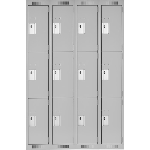Clean Line Lockers, 3 -tier, Bank of 4, 48" x 18" x 72", Steel, Grey, Rivet (Assembled) Cam Industrial