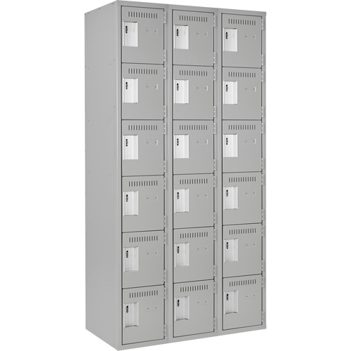 Clean Line Lockerettes, 6 -tier, Bank of 3, 36" x 18" x 72", Steel, Grey, Rivet (Assembled) Cam Industrial