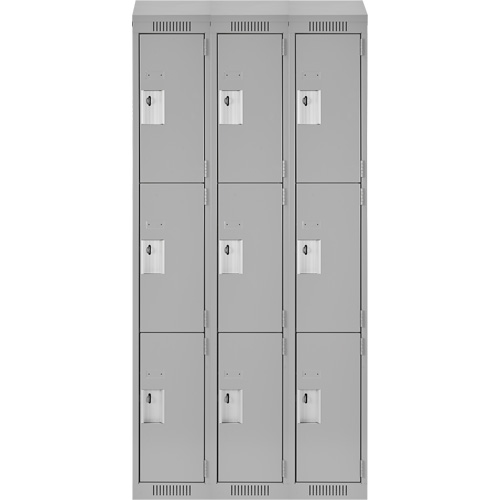 Clean Line Lockers, 3 -tier, Bank of 3, 36" x 18" x 78", Steel, Grey, Rivet (Assembled) Cam Industrial