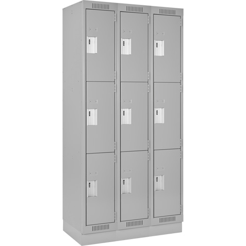Clean Line Lockers, 3 -tier, Bank of 3, 36" x 18" x 76", Steel, Grey, Rivet (Assembled) Cam Industrial
