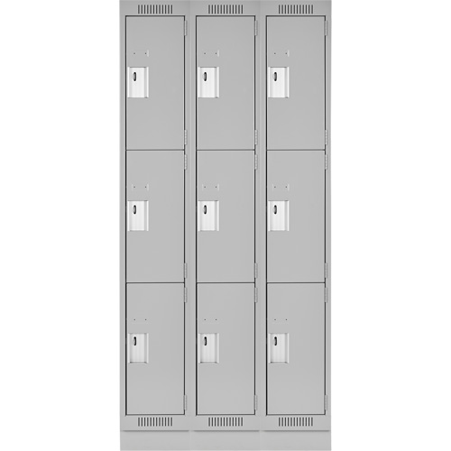 Clean Line Lockers, 3 -tier, Bank of 3, 36" x 18" x 76", Steel, Grey, Rivet (Assembled) Cam Industrial