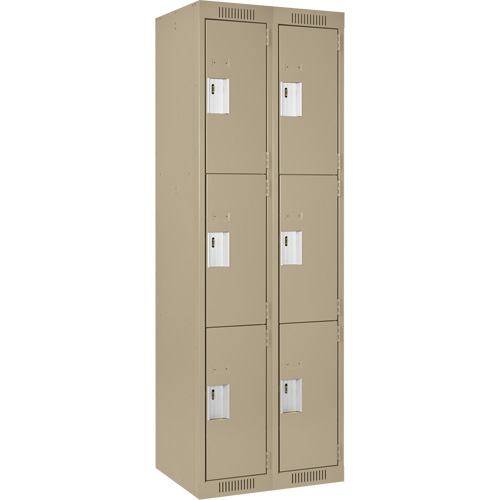 Clean Line Lockers, 3 -tier, Bank of 2, 24" x 18" x 72", Steel, Beige, Rivet (Assembled) Cam Industrial