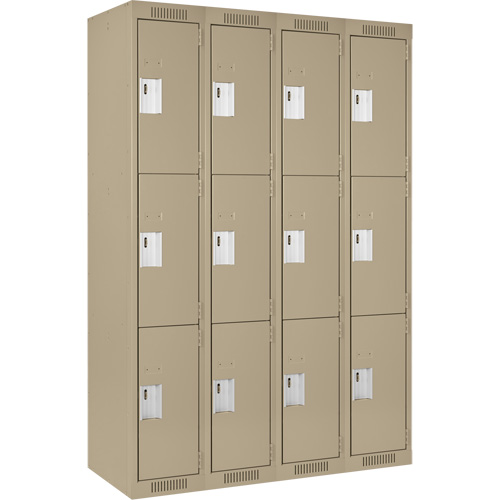 Clean Line Lockers, 3 -tier, Bank of 4, 48" x 18" x 72", Steel, Beige, Rivet (Assembled) Cam Industrial