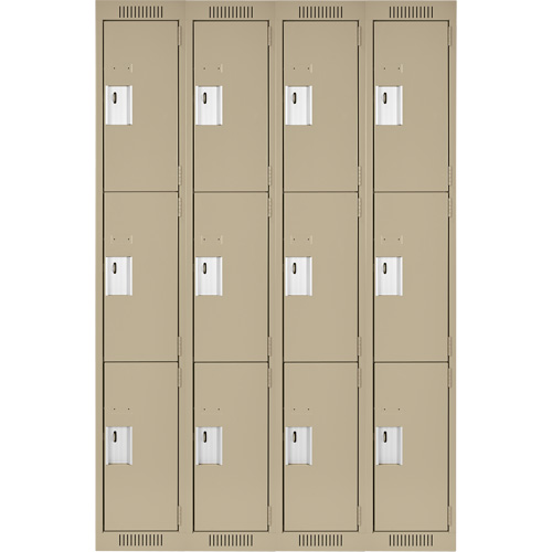 Clean Line Lockers, 3 -tier, Bank of 4, 48" x 18" x 72", Steel, Beige, Rivet (Assembled) Cam Industrial