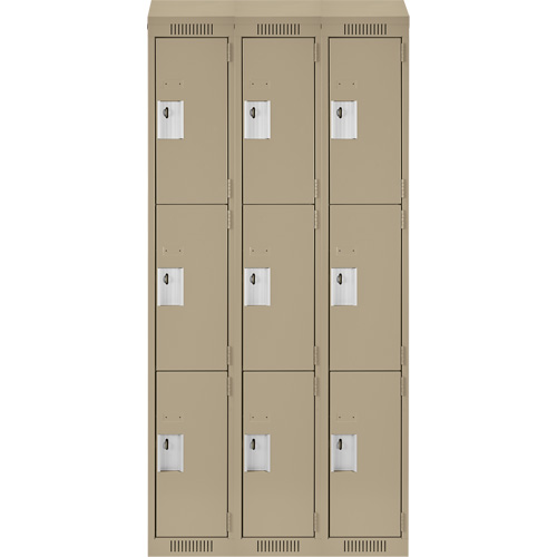 Clean Line Lockers, 3 -tier, Bank of 3, 36" x 18" x 78", Steel, Beige, Rivet (Assembled) Cam Industrial