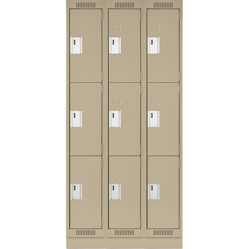 Clean Line Lockers, 3 -tier, Bank of 3, 36" x 18" x 76", Steel, Beige, Rivet (Assembled) Cam Industrial