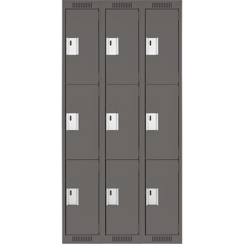 Clean Line Lockers, 3 -tier, Bank of 3, 36" x 18" x 72", Steel, Charcoal, Rivet (Assembled) Cam Industrial