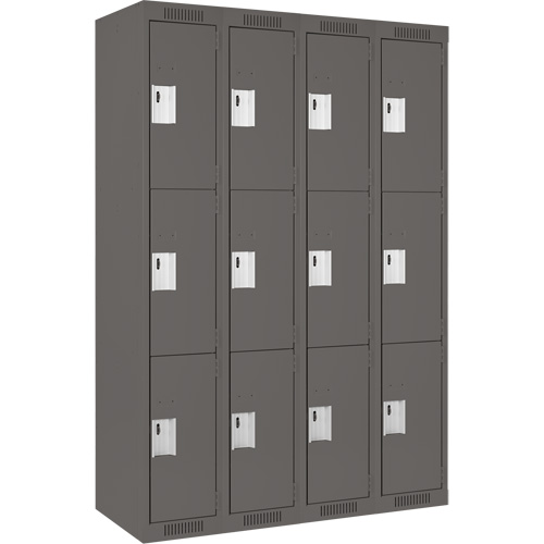 Clean Line Lockers, 3 -tier, Bank of 4, 48" x 18" x 72", Steel, Charcoal, Rivet (Assembled) Cam Industrial