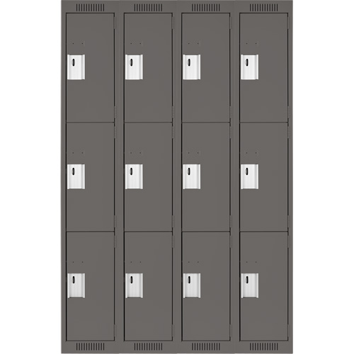 Clean Line Lockers, 3 -tier, Bank of 4, 48" x 18" x 72", Steel, Charcoal, Rivet (Assembled) Cam Industrial