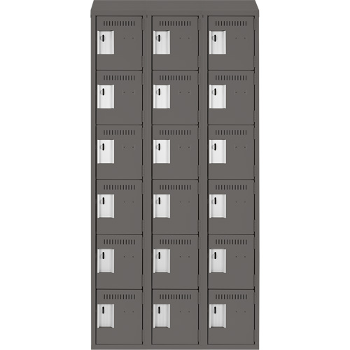 Clean Line Lockerette, 6 -tier, Bank of 3, 36" x 18" x 78", Steel, Charcoal, Rivet (Assembled) Cam Industrial