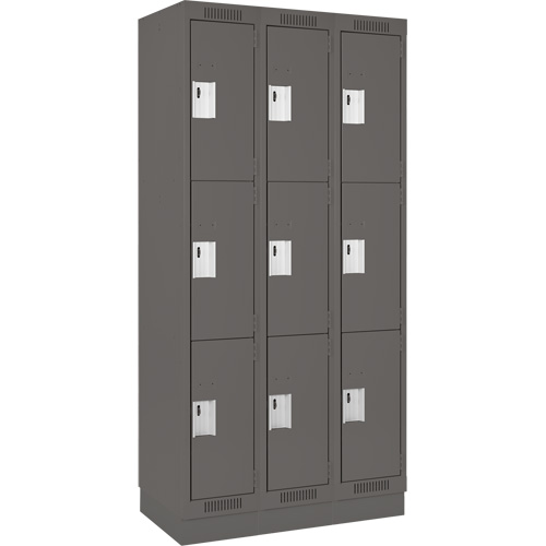 Clean Line Lockers, 3 -tier, Bank of 3, 36" x 18" x 76", Steel, Charcoal, Rivet (Assembled) Cam Industrial