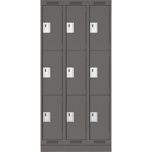 Clean Line Lockers, 3 -tier, Bank of 3, 36" x 18" x 76", Steel, Charcoal, Rivet (Assembled) Cam Industrial