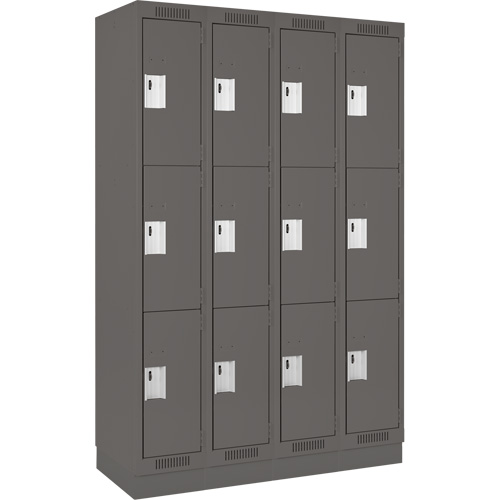 Clean Line Lockers, 3 -tier, Bank of 4, 48" x 18" x 76", Steel, Charcoal, Rivet (Assembled) Cam Industrial