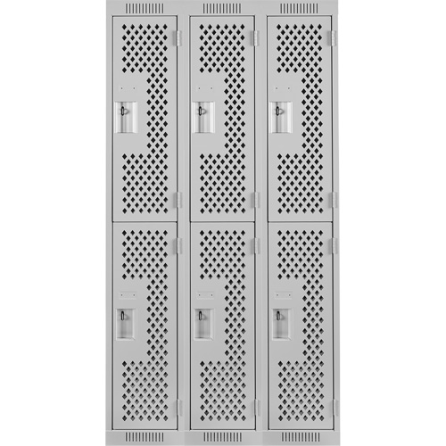 Clean Line Lockers, 2 -tier, Bank of 3, 36" x 12" x 72", Steel, Grey, Rivet (Assembled), Perforated Cam Industrial