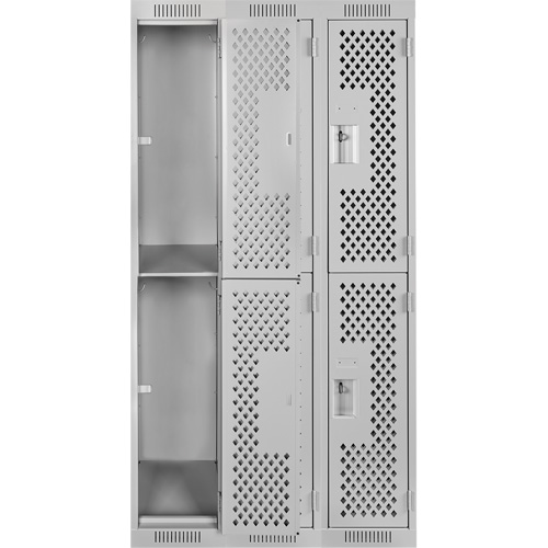 Clean Line Lockers, 2 -tier, Bank of 3, 36" x 12" x 72", Steel, Grey, Rivet (Assembled), Perforated Cam Industrial