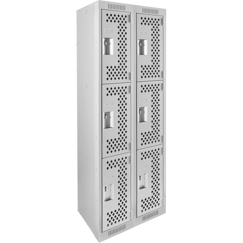 Clean Line Lockers, 3 -tier, Bank of 2, 24" x 12" x 72", Steel, Grey, Rivet (Assembled), Perforated Cam Industrial