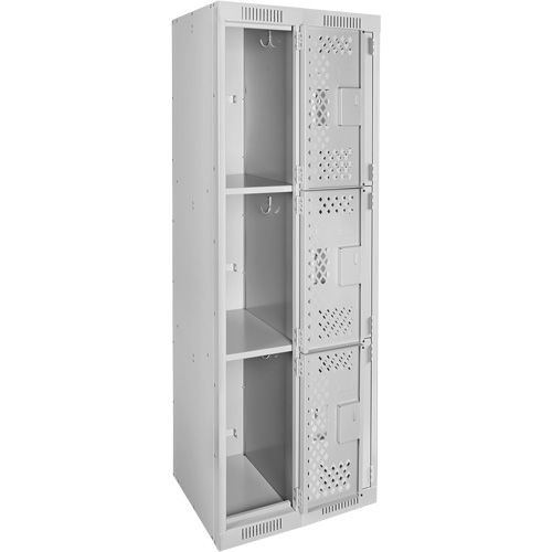 Clean Line Lockers, 3 -tier, Bank of 2, 24" x 12" x 72", Steel, Grey, Rivet (Assembled), Perforated Cam Industrial