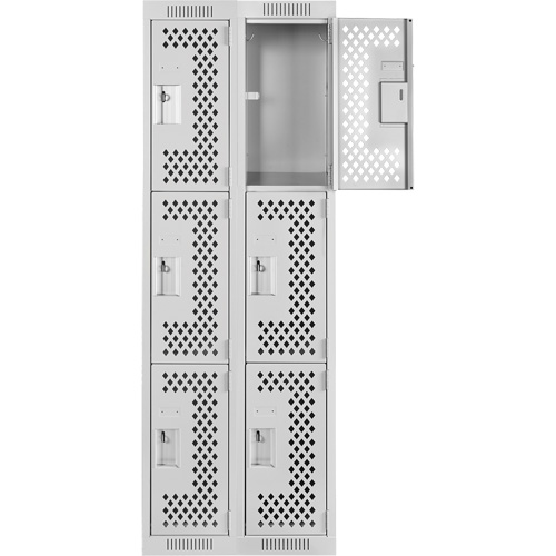 Clean Line Lockers, 3 -tier, Bank of 2, 24" x 12" x 72", Steel, Grey, Rivet (Assembled), Perforated Cam Industrial
