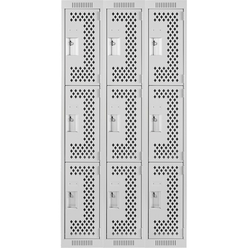 Clean Line Lockers, 3 -tier, Bank of 3, 36" x 12" x 72", Steel, Grey, Rivet (Assembled), Perforated Cam Industrial