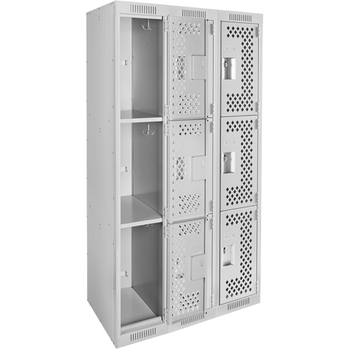 Clean Line Lockers, 3 -tier, Bank of 3, 36" x 12" x 72", Steel, Grey, Rivet (Assembled), Perforated Cam Industrial