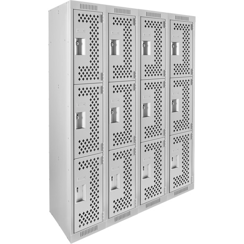 Clean Line Lockers, 3 -tier, Bank of 4, 48" x 12" x 72", Steel, Grey, Rivet (Assembled), Perforated Cam Industrial