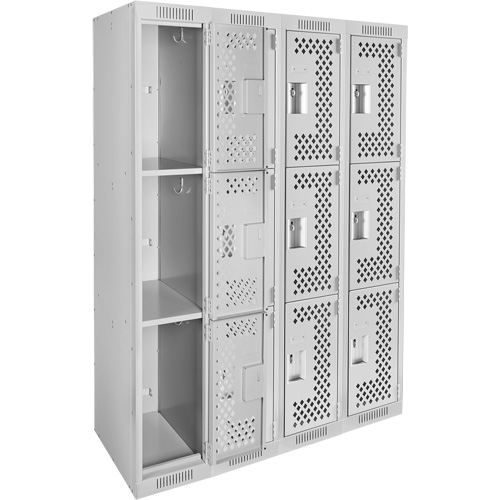 Clean Line Lockers, 3 -tier, Bank of 4, 48" x 12" x 72", Steel, Grey, Rivet (Assembled), Perforated Cam Industrial
