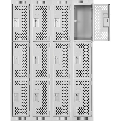 Clean Line Lockers, 3 -tier, Bank of 4, 48" x 12" x 72", Steel, Grey, Rivet (Assembled), Perforated Cam Industrial