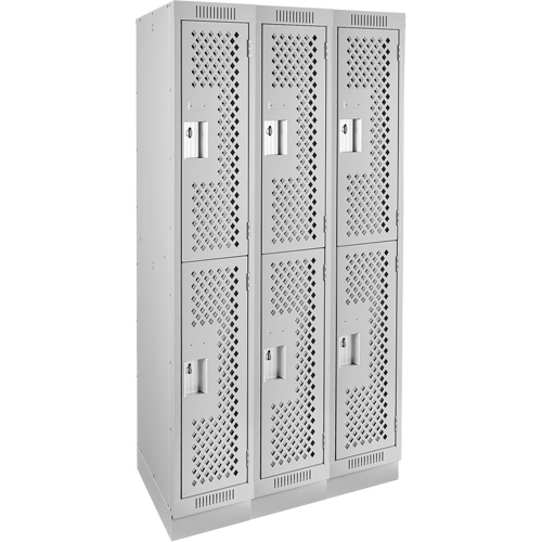 Clean Line Lockers, 2 -tier, Bank of 3, 36" x 12" x 76", Steel, Grey, Rivet (Assembled), Perforated Cam Industrial