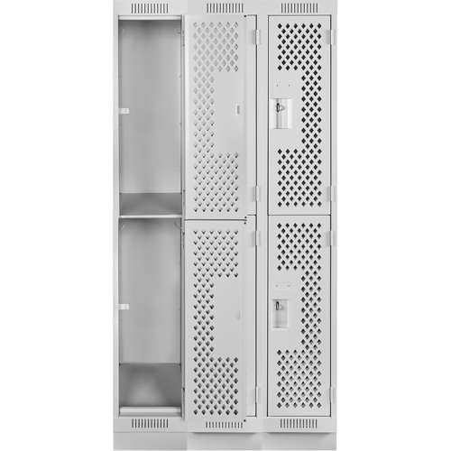 Clean Line Lockers, 2 -tier, Bank of 3, 36" x 12" x 76", Steel, Grey, Rivet (Assembled), Perforated Cam Industrial