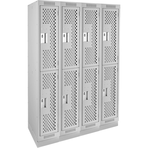 Clean Line Lockers, 2 -tier, Bank of 4, 48" x 12" x 76", Steel, Grey, Rivet (Assembled), Perforated Cam Industrial