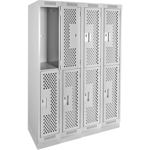 Clean Line Lockers, 2 -tier, Bank of 4, 48" x 12" x 76", Steel, Grey, Rivet (Assembled), Perforated Cam Industrial